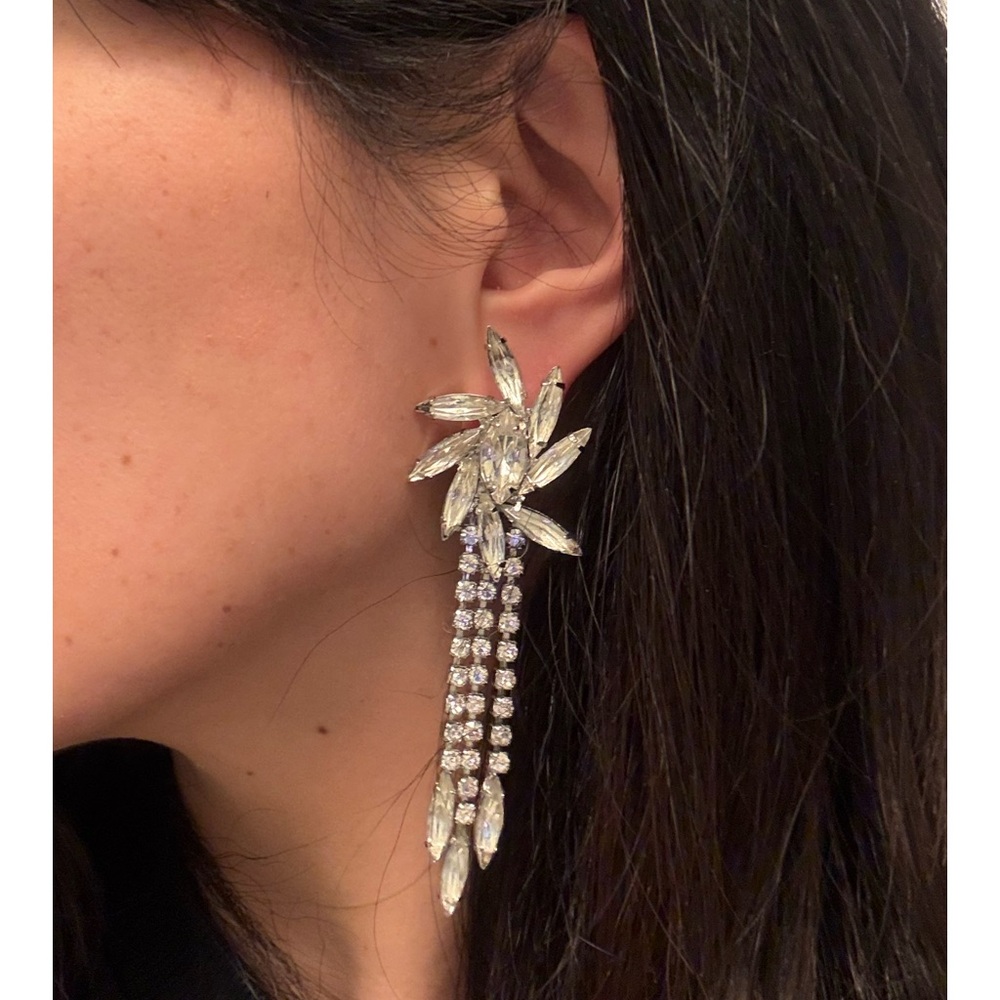 Vintage Bridal Rhinestone Statement Dangle Earrings Silver Tone Pierced Glam